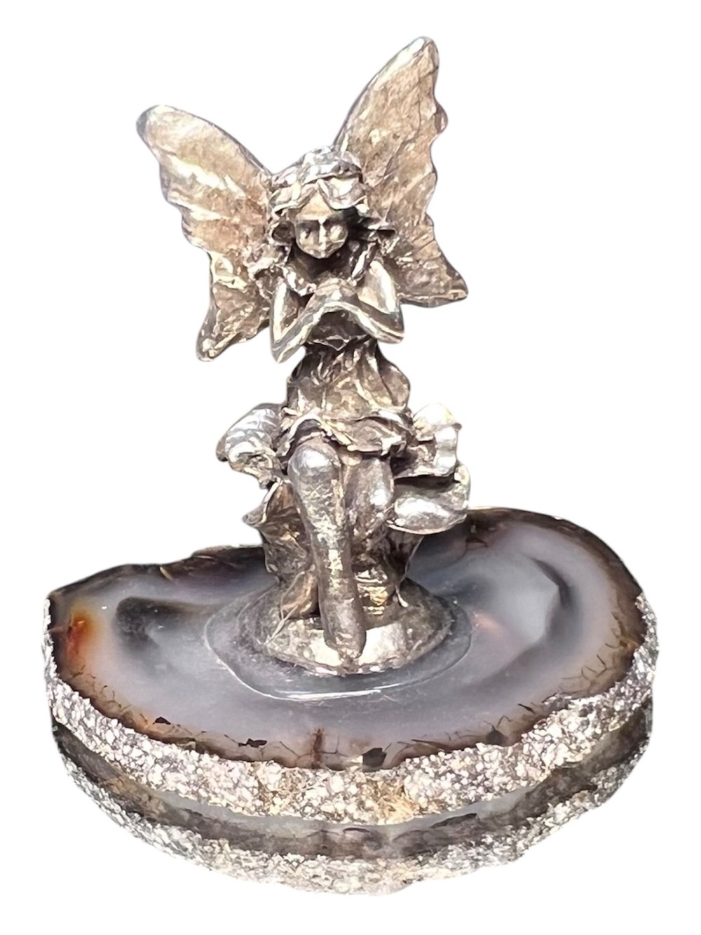 Silver Pewter Fairy Figurine on Agate Slice - Decorative Home Art NWOT